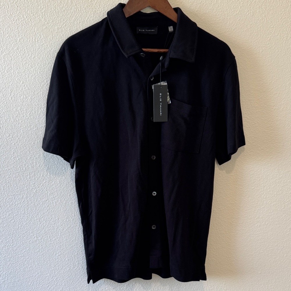 Elie Tahari Black Short-Sleeve Button-Down Pocket Shirt